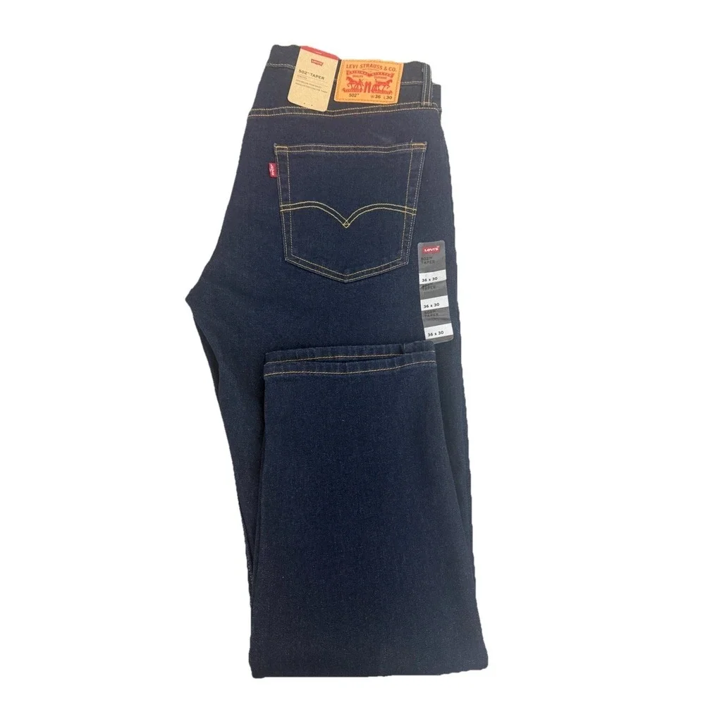 Levis 502 Men's Taper Jeans Stretch Blue Dark‎ Wash Denim 36x30 Work Cowboy New